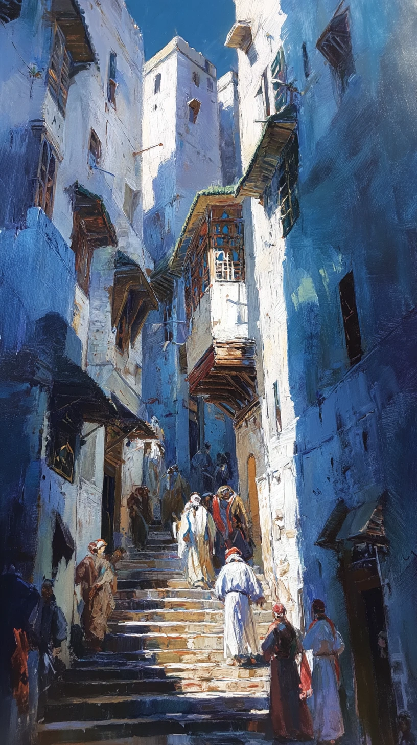 Gouache Drammatica a Basso Angolo di una Strada della Casbah Algerina