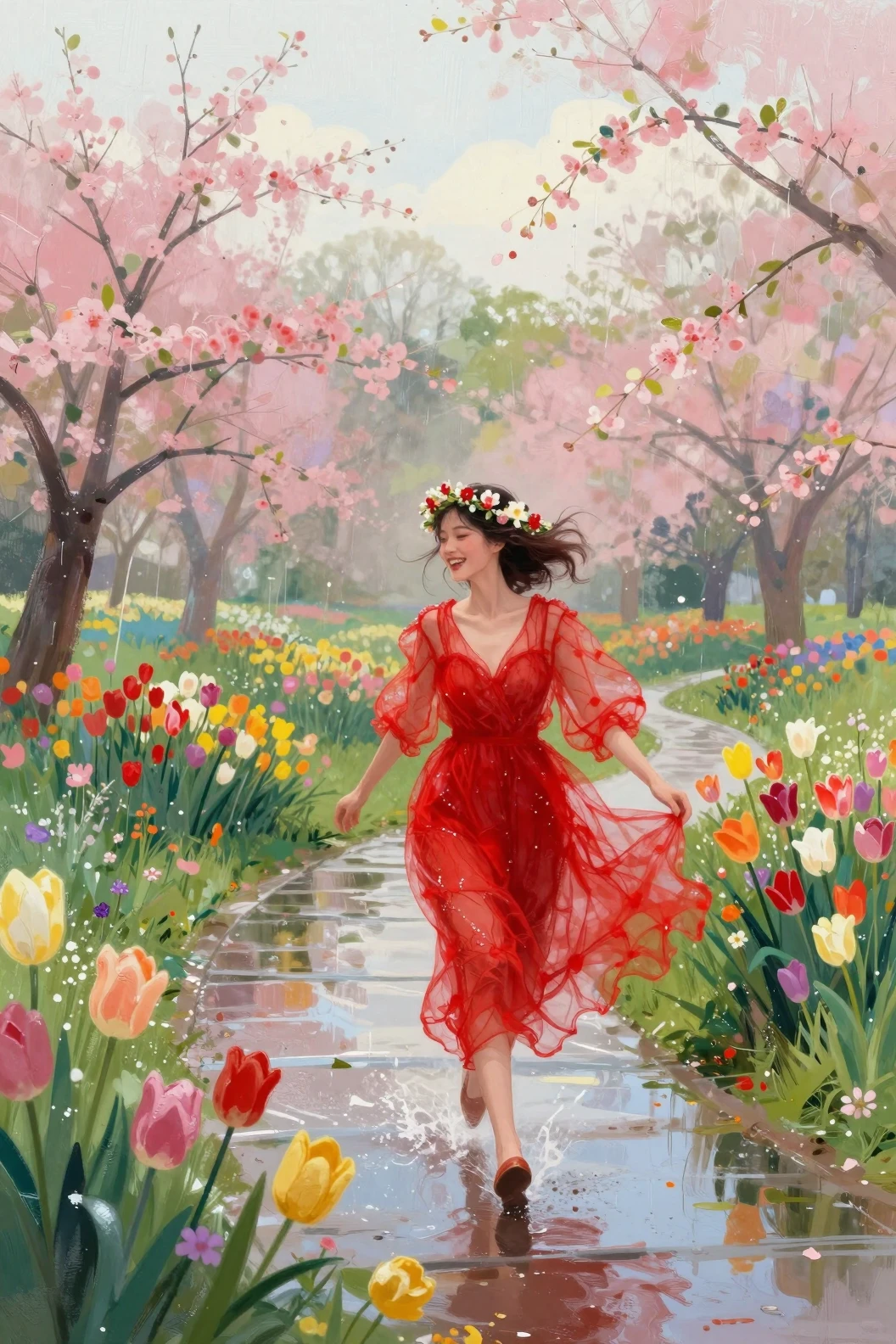 Chica alegre con vestido rojo caminando por un parque de flores en primavera