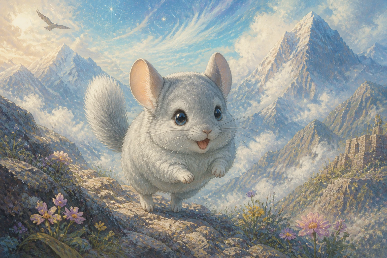 Bebé chinchilla saltando por las brumosas laderas andinas