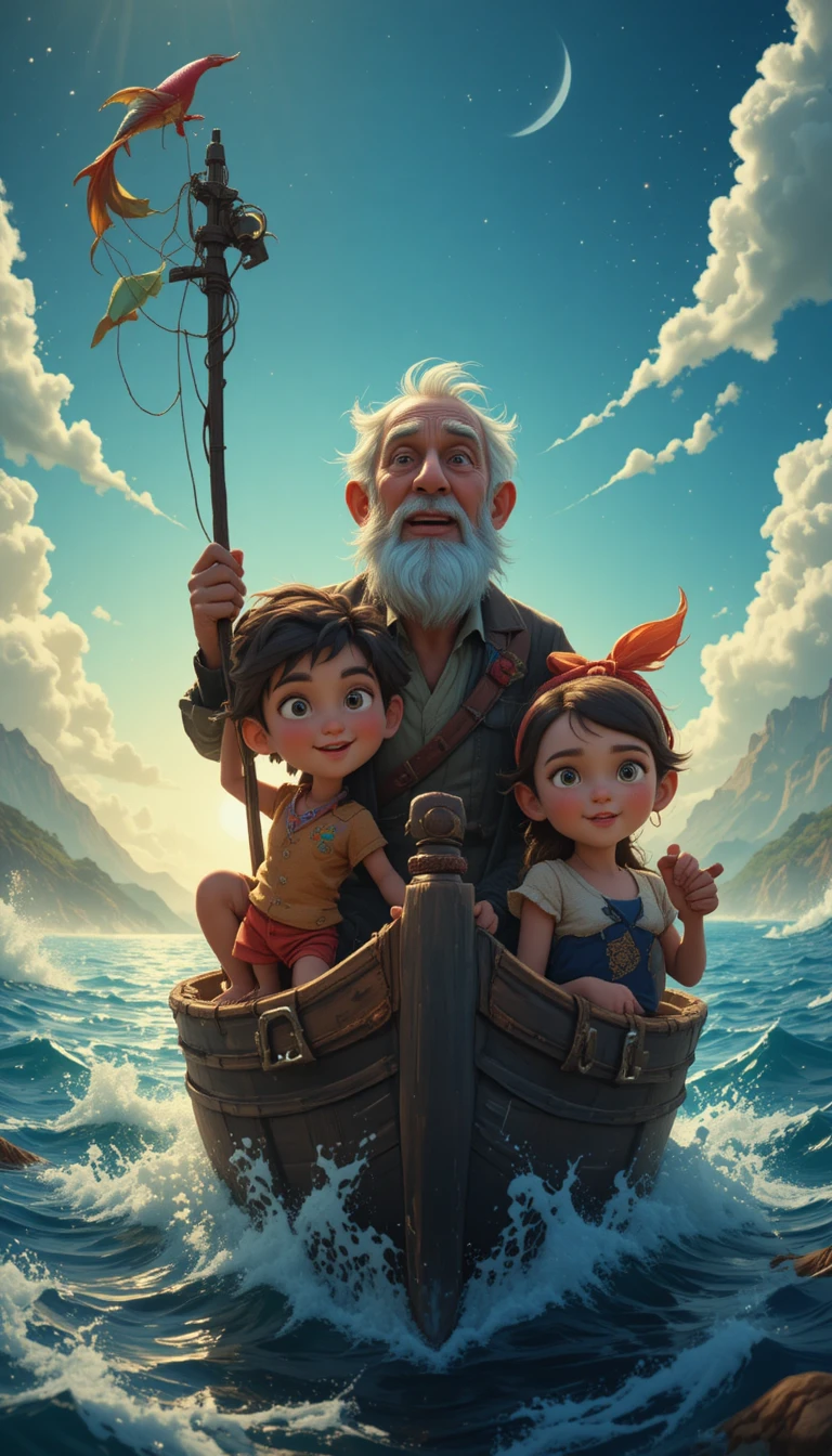 Old fisherman sails alone far from the distant shore