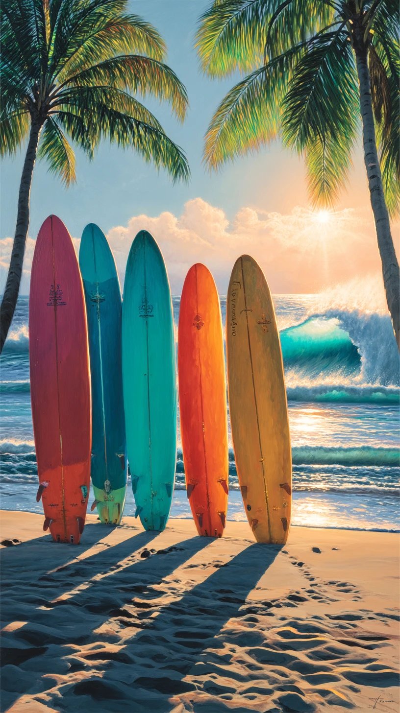 Pranchas de surfe coloridas em uma praia tropical ao pôr do sol