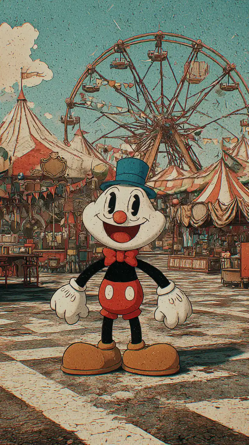 Cartoon character at a cheerful vintage carnival scene