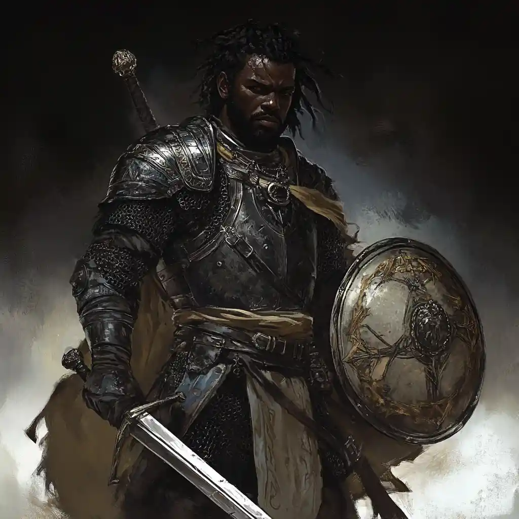 Epic fantasy knight with sword and shield portrait