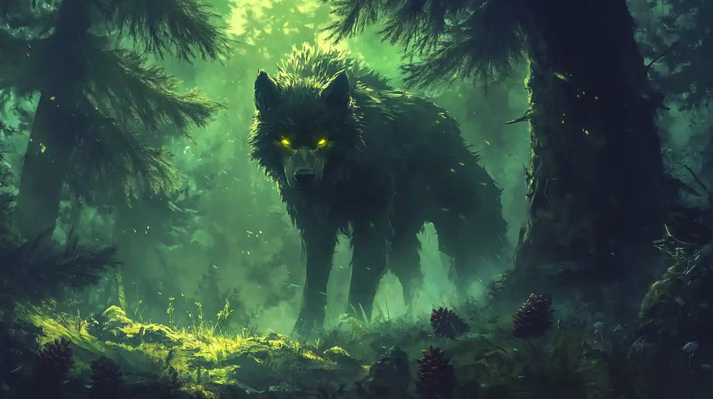 Mystical werewolf beneath a pine tree in dark forest