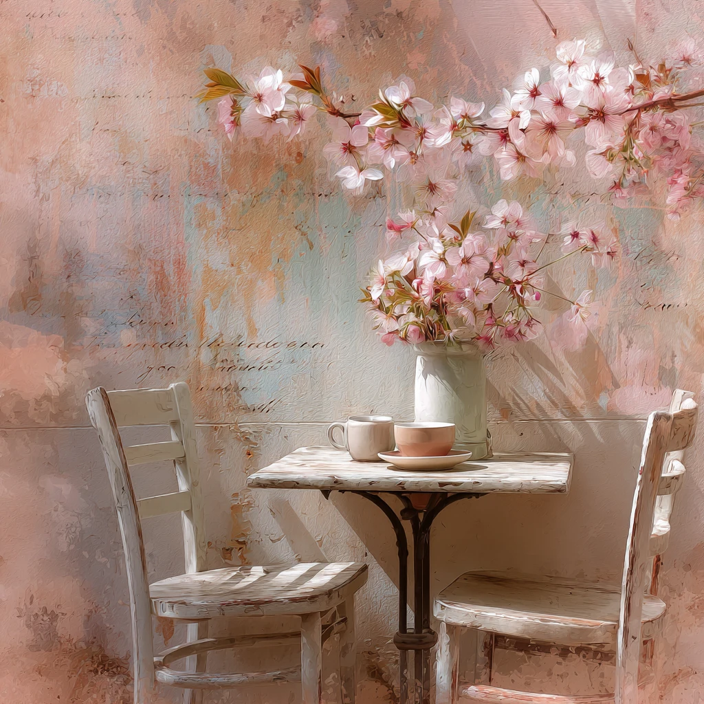 Romantic french cafe table under soft pink cherry blossoms