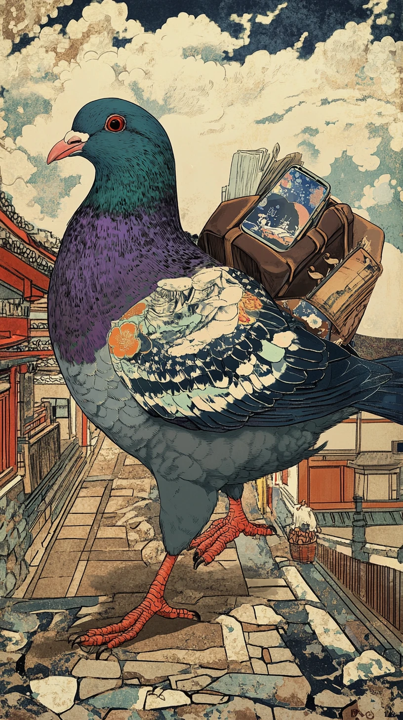 Paloma Estilo Ukiyo-e con Maletín en el Japón de la Era Edo