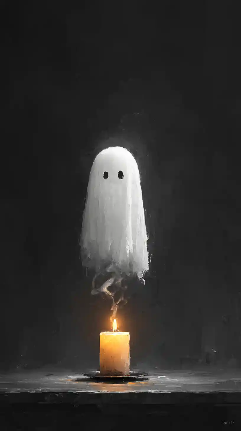Cute ghost floating above candle with drifting smoke