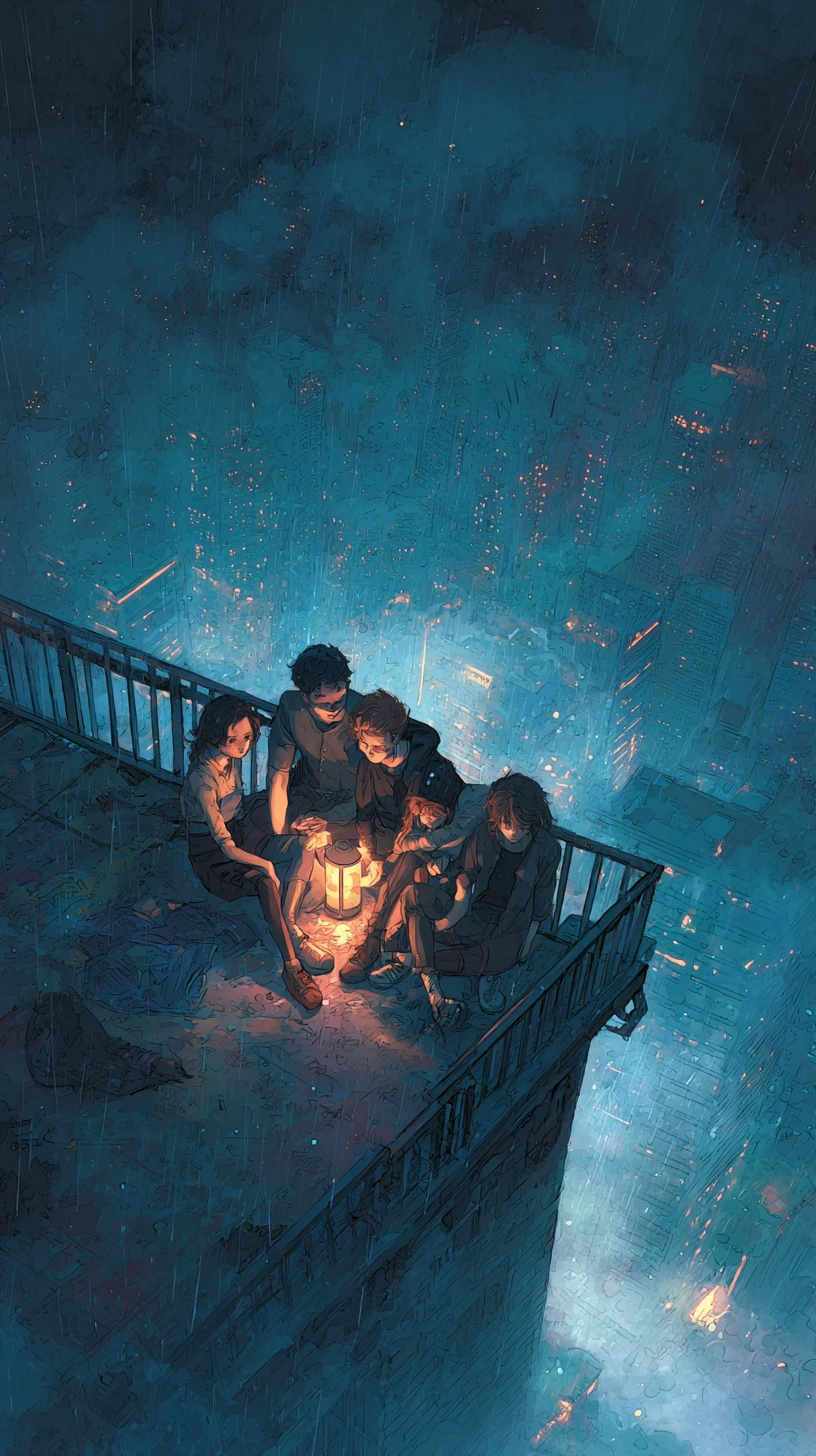 Amigos acurrucados en una azotea lluviosa bajo las luces de la ciudad