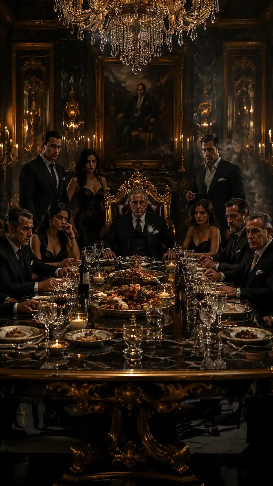 Mafia boss at black marble table in luxury mansion