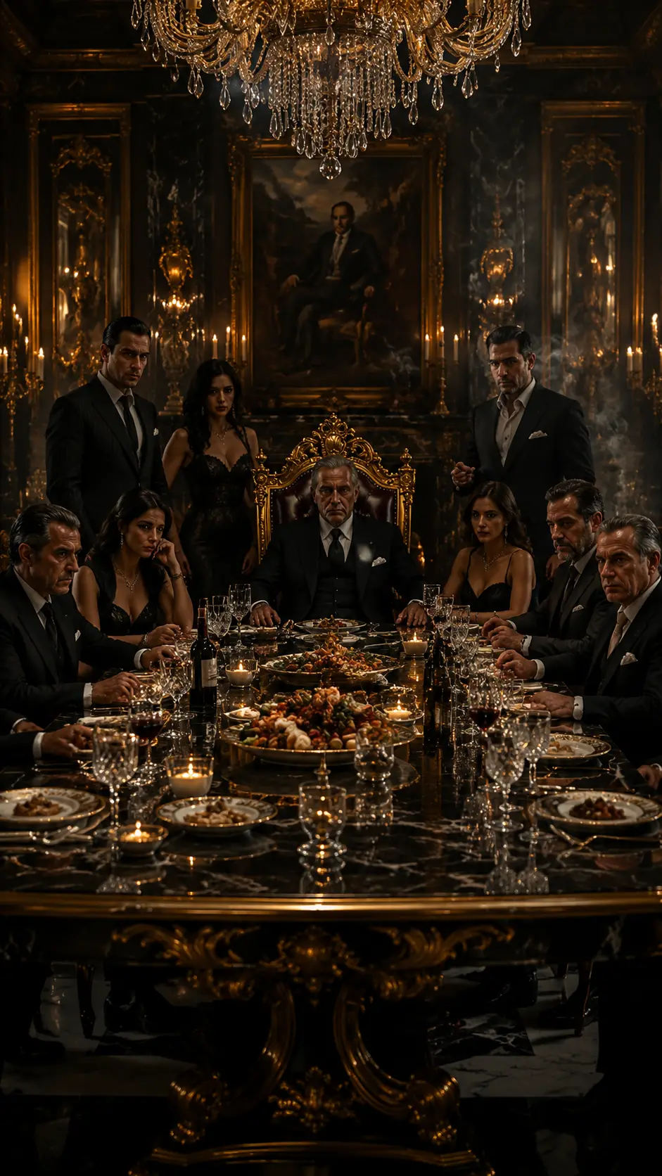 Mafia boss at black marble table in luxury mansion