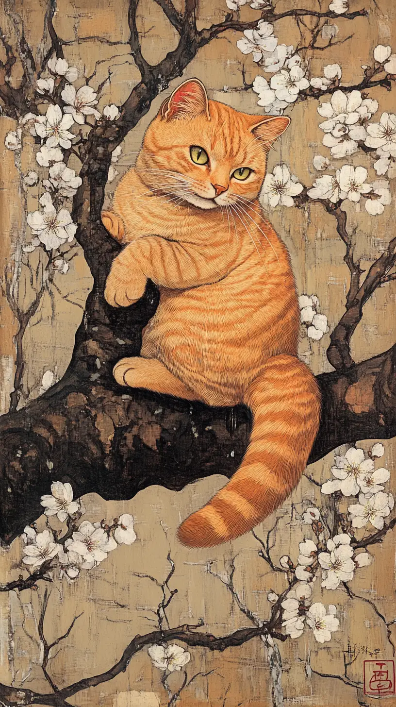 Orange cartoon cat leaping away with a mackerel