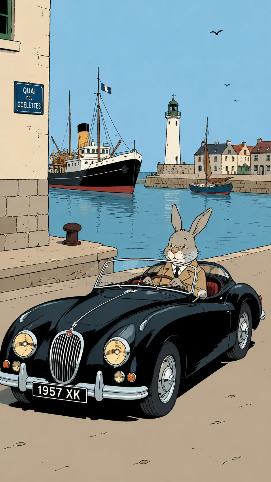 Old Rabbit Driving Classic Car Through Quiet Harbor