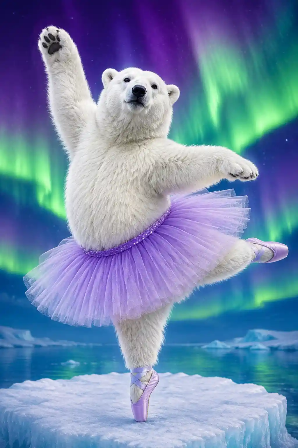 Orso polare con tutù viola che danza il balletto su un iceberg
