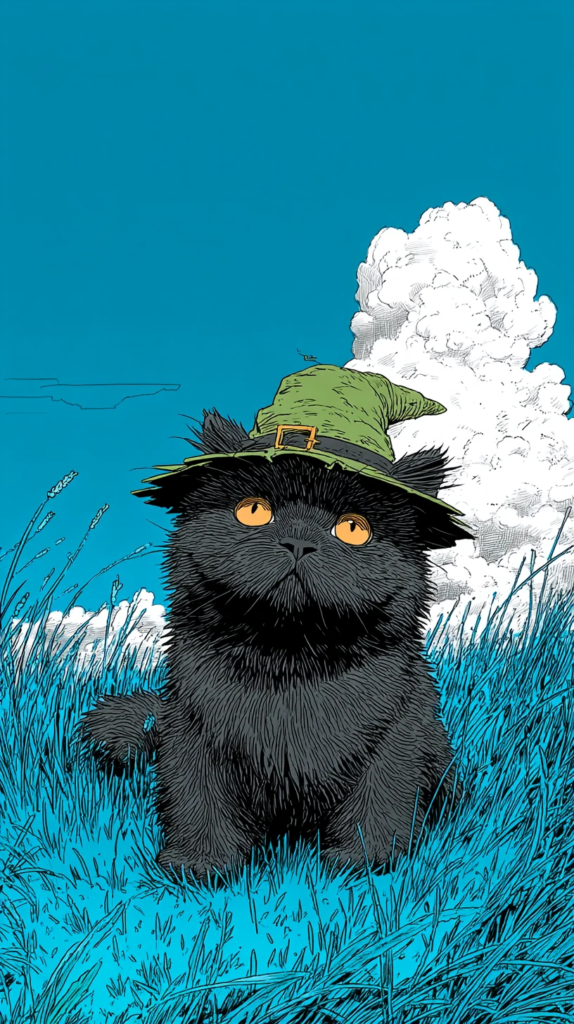 Cute black cat in witch hat on blue sky field
