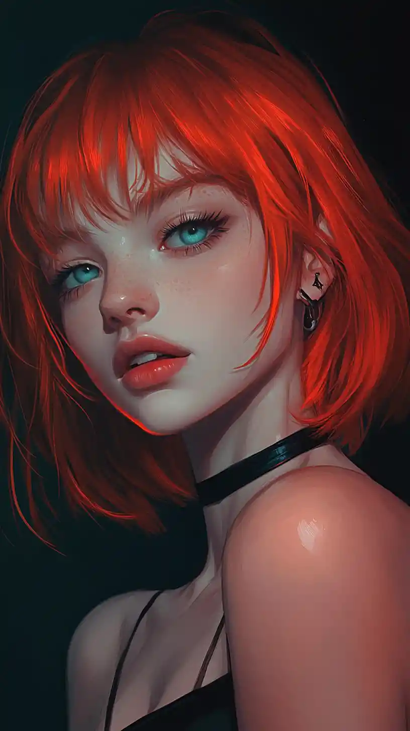 Neon red haired anime woman in cyber noir close up portrait