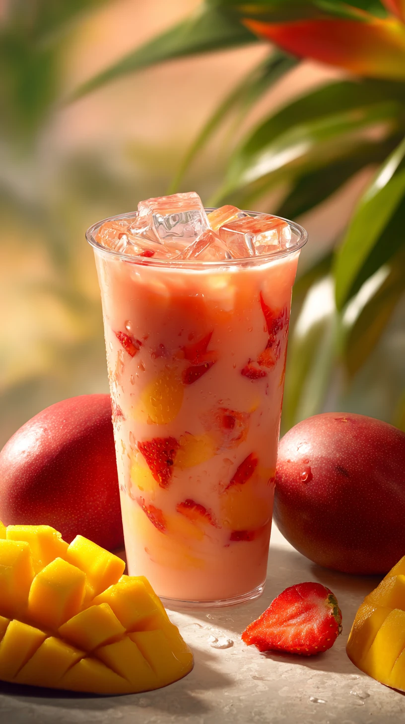 Bebida tropical helada de frutas con fresas y mangos