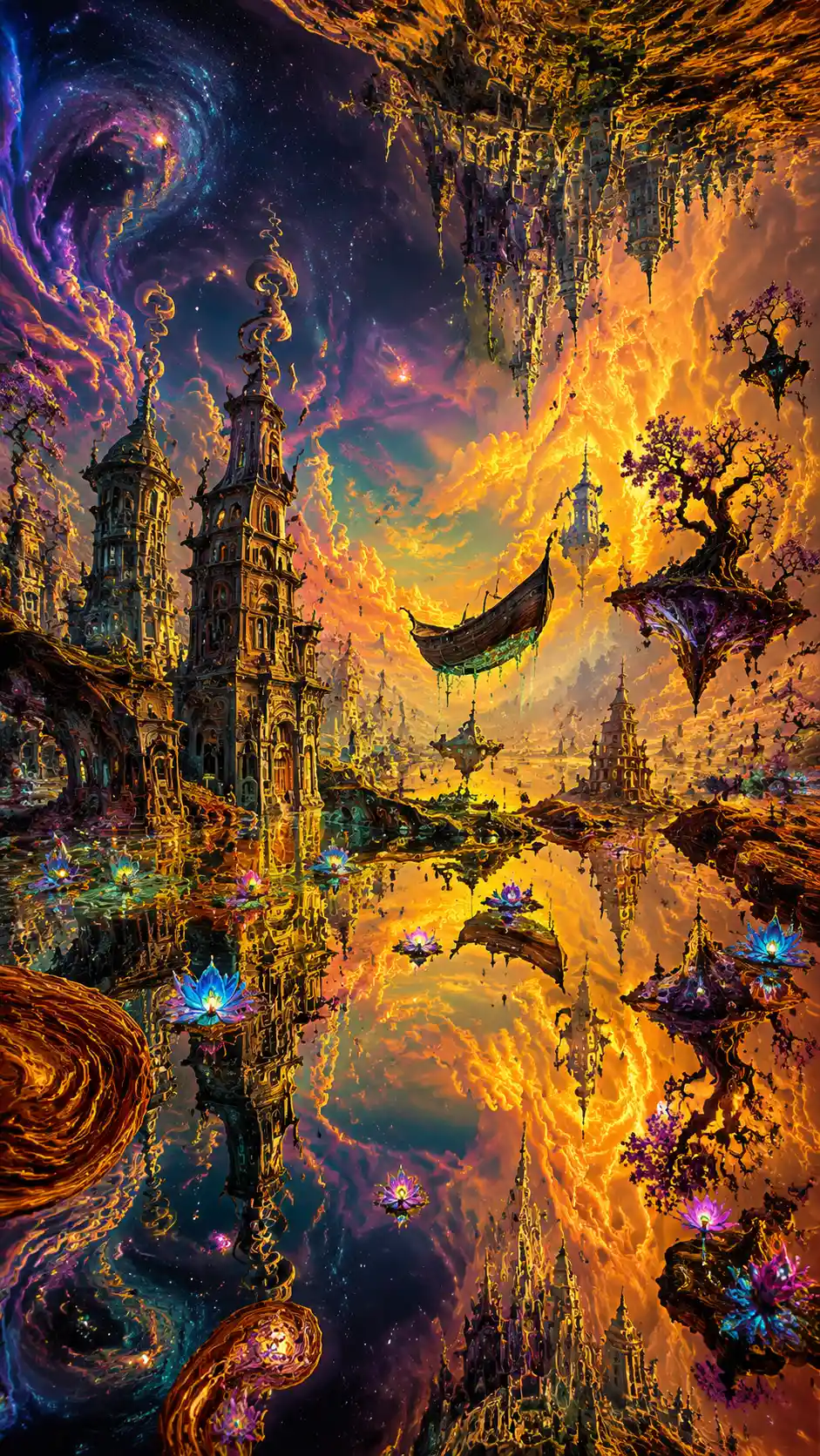 Colline ambrate surreali che si contorcono sotto un cielo diviso tra indaco e oro