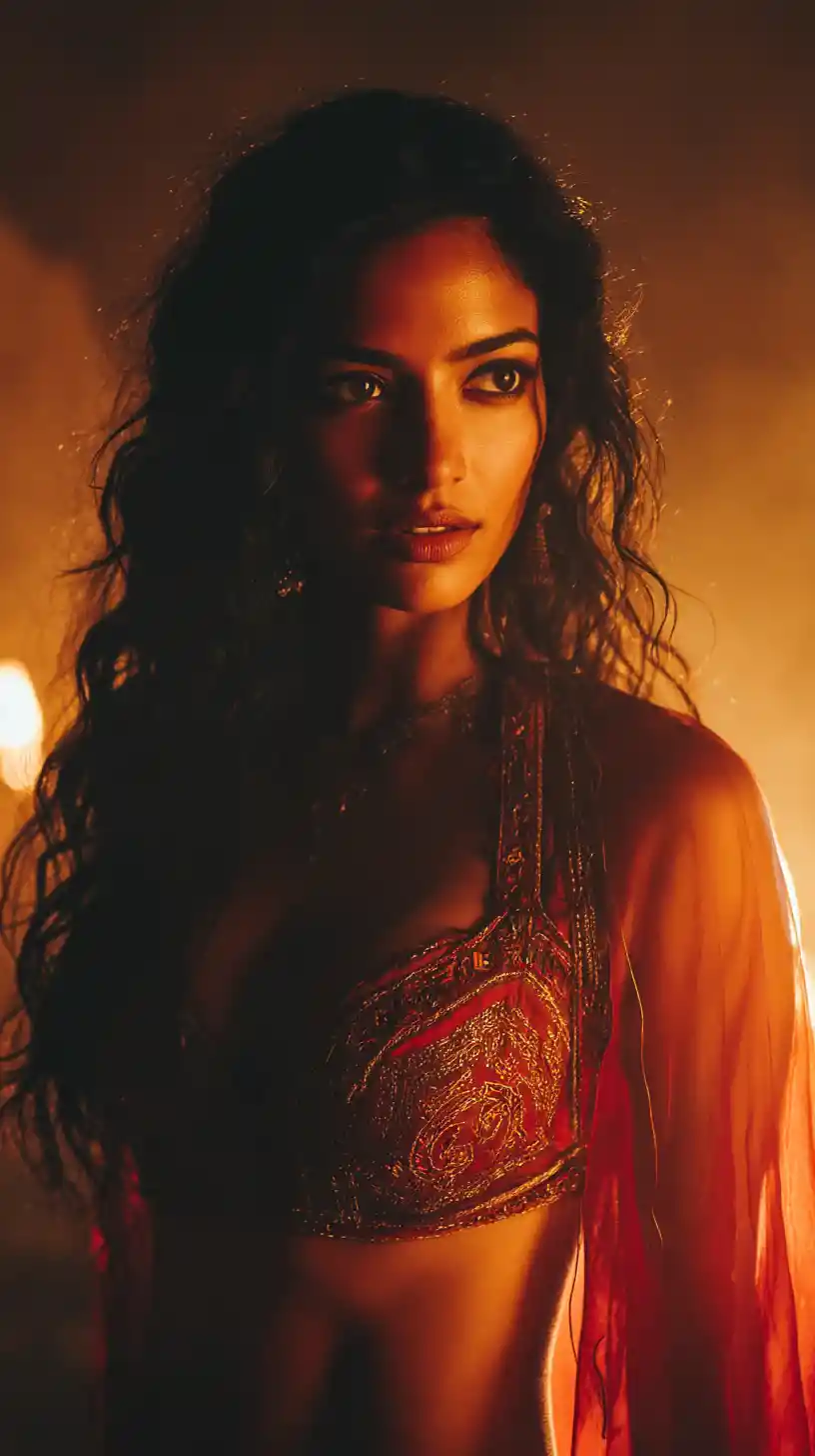 Cinematic portrait of an Indian woman in warm glowing light