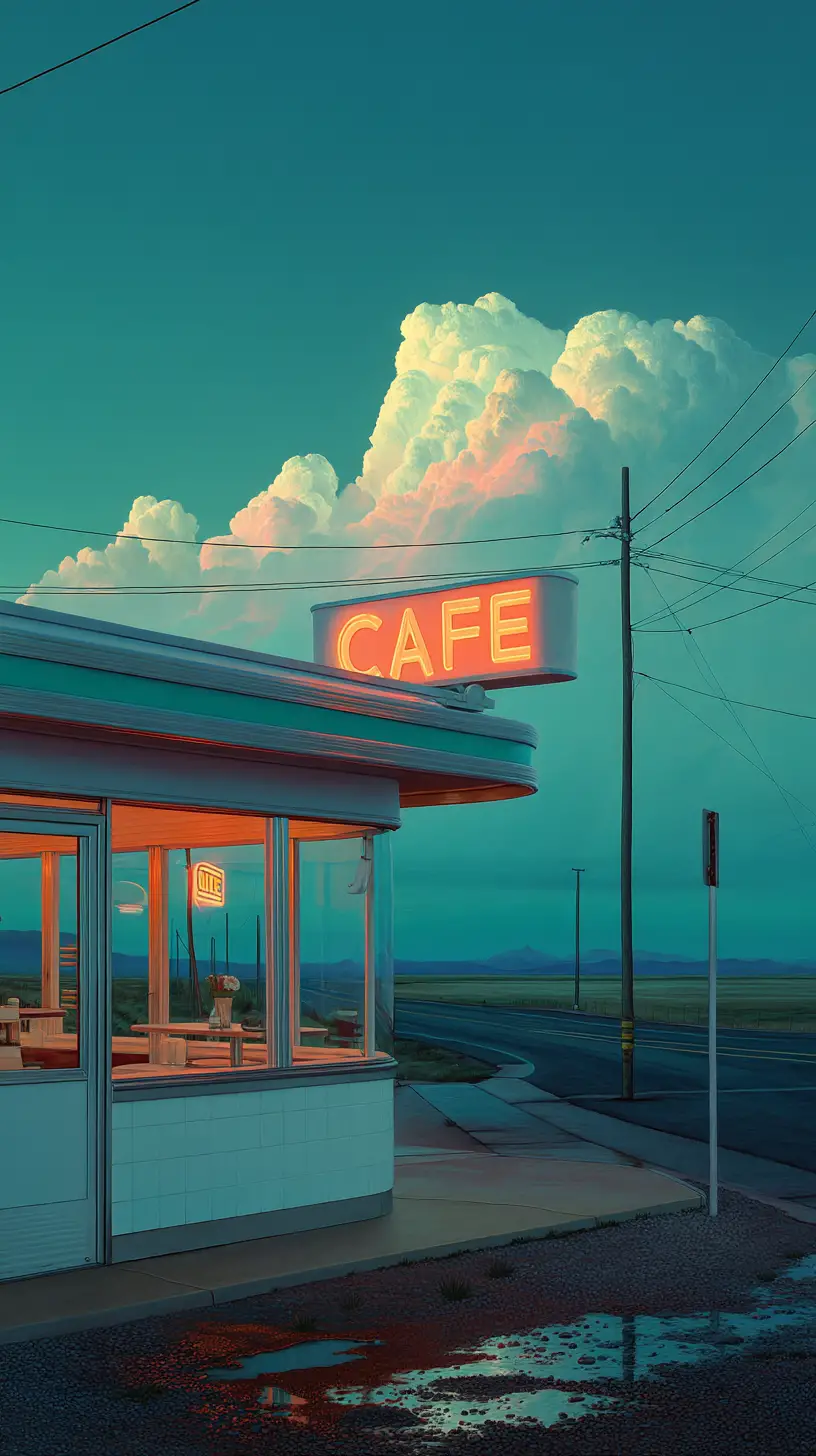Lone roadside diner glowing on a wet rural highway