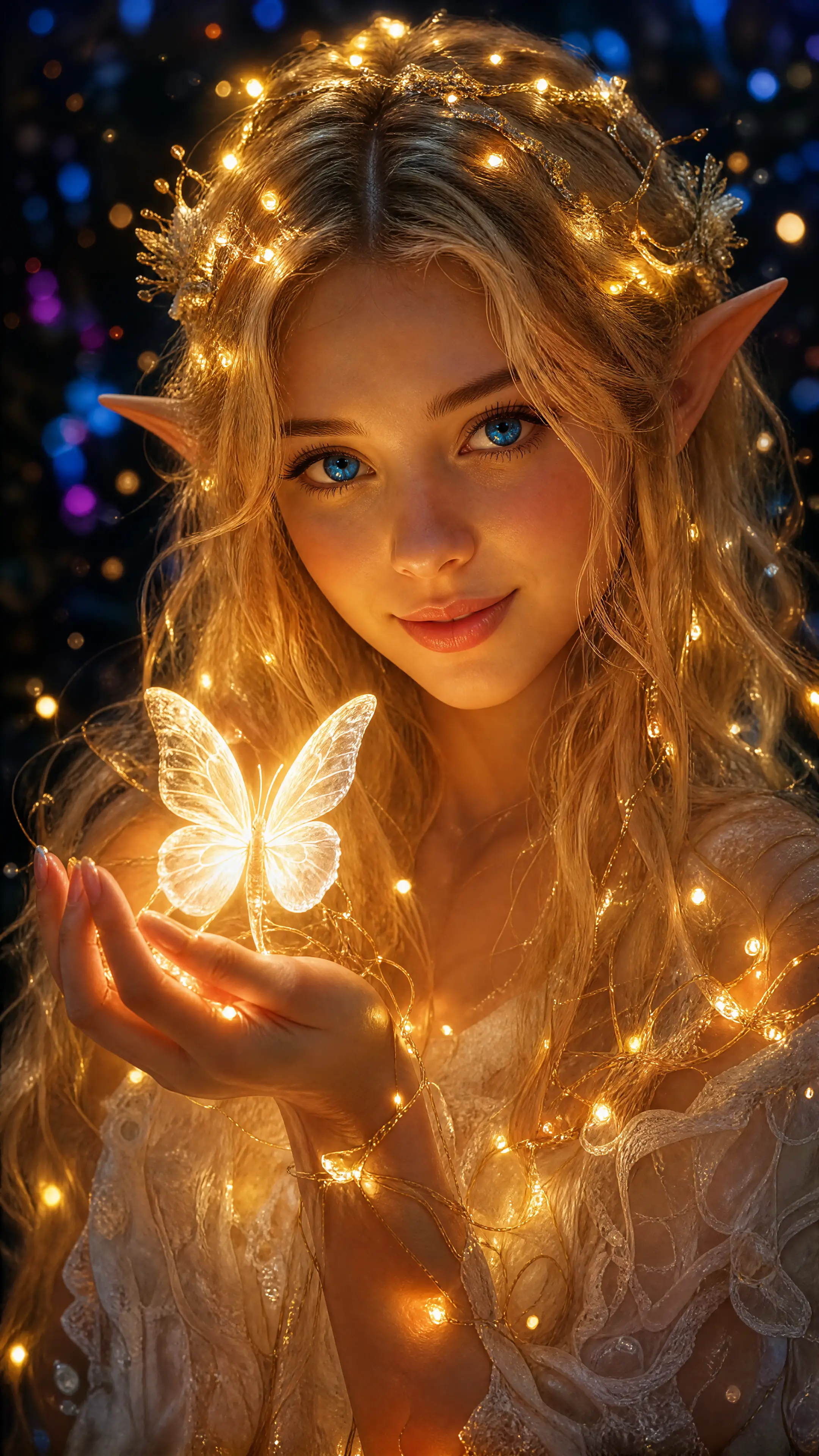 夜の森で光る蝶を手にしたエルフの少女