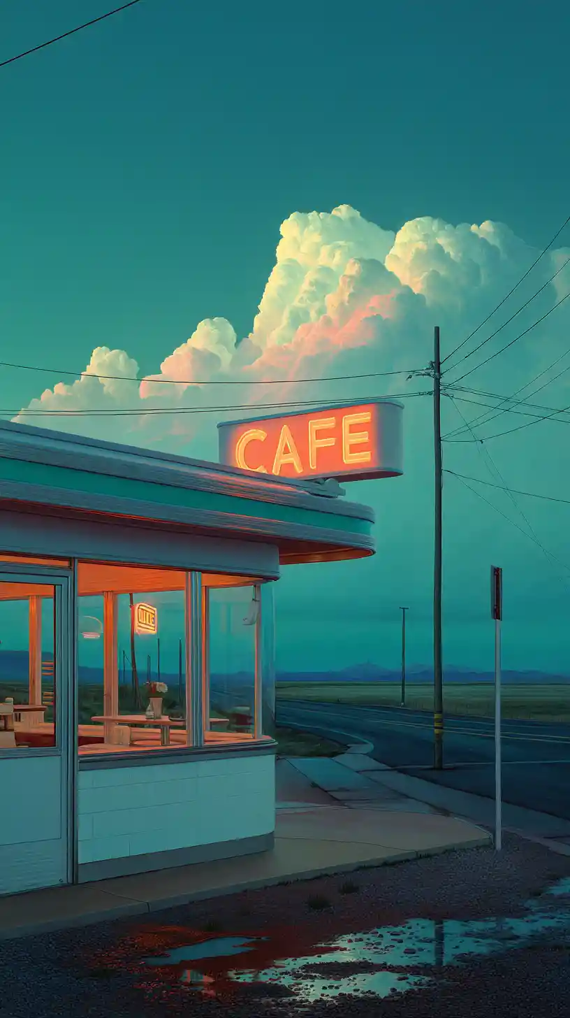 Lone roadside diner glowing on a wet rural highway