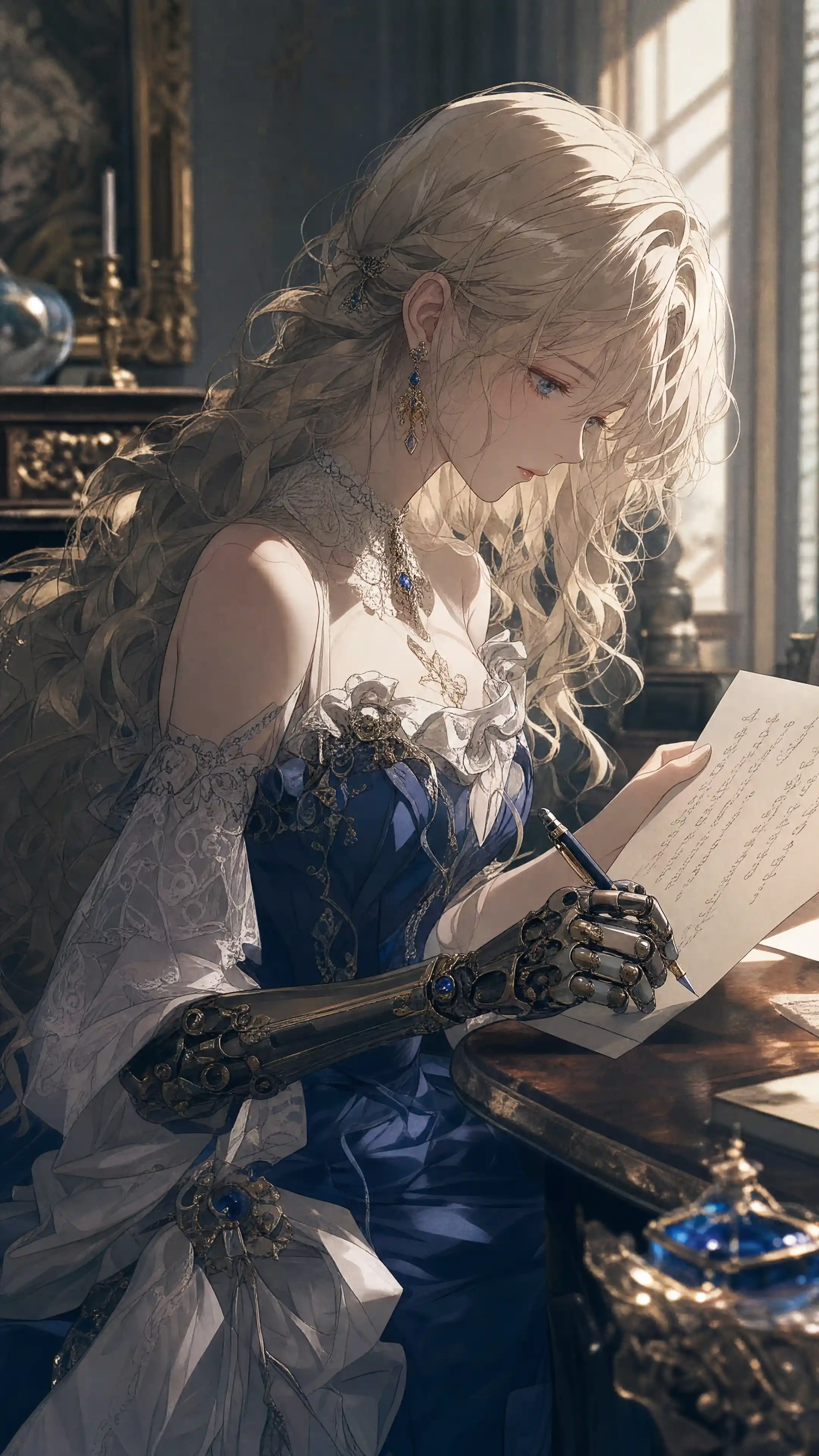 Pensive anime girl with prosthetic arm writing at table
