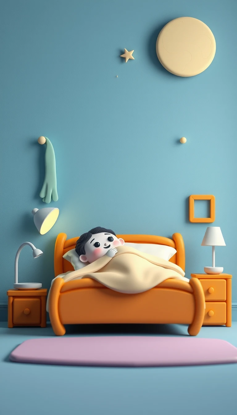 Childlike illustration of a cozy bed in simple flat style