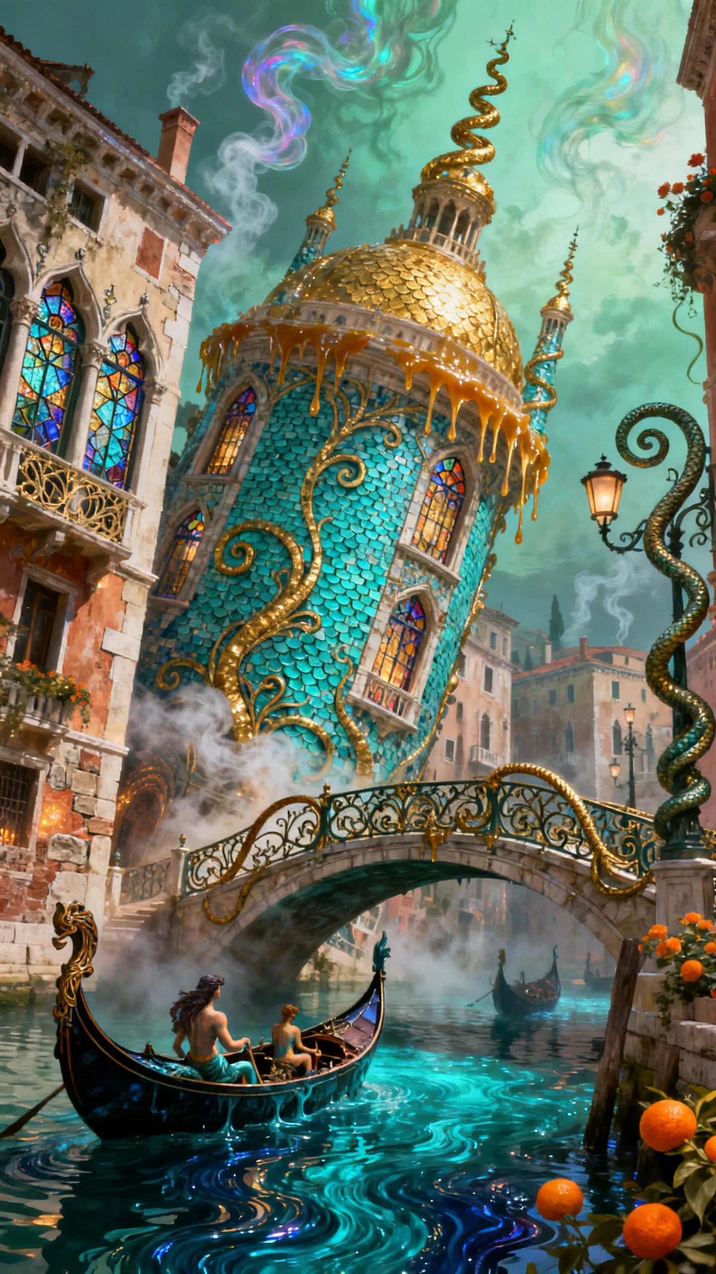 Surreal European canal city of molten blue waterways