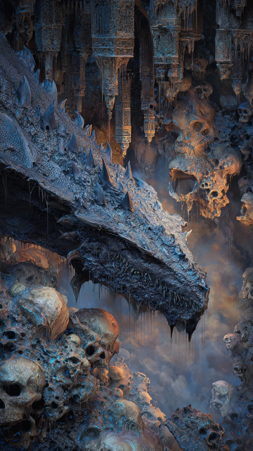 Dragón antiguo que se cierne sobre una caverna arruinada de eclipse lunar