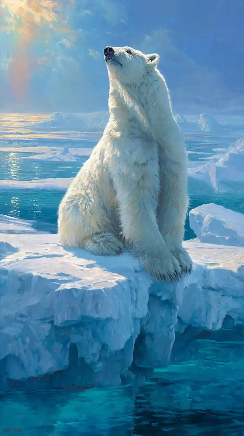 Majestic polar bear standing on arctic ice under a rainbow