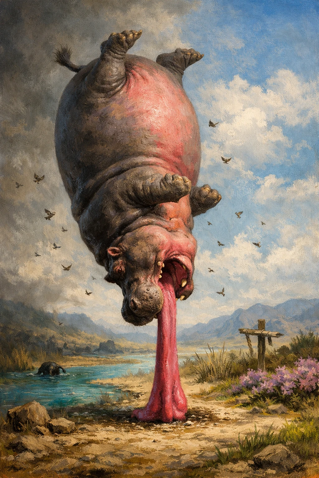 Pintura surrealista de un enorme hipopótamo boca abajo
