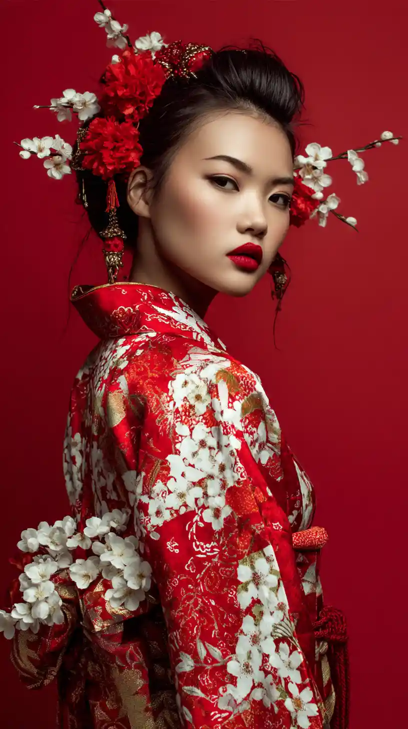 Young East Asian woman in red kimono portrait