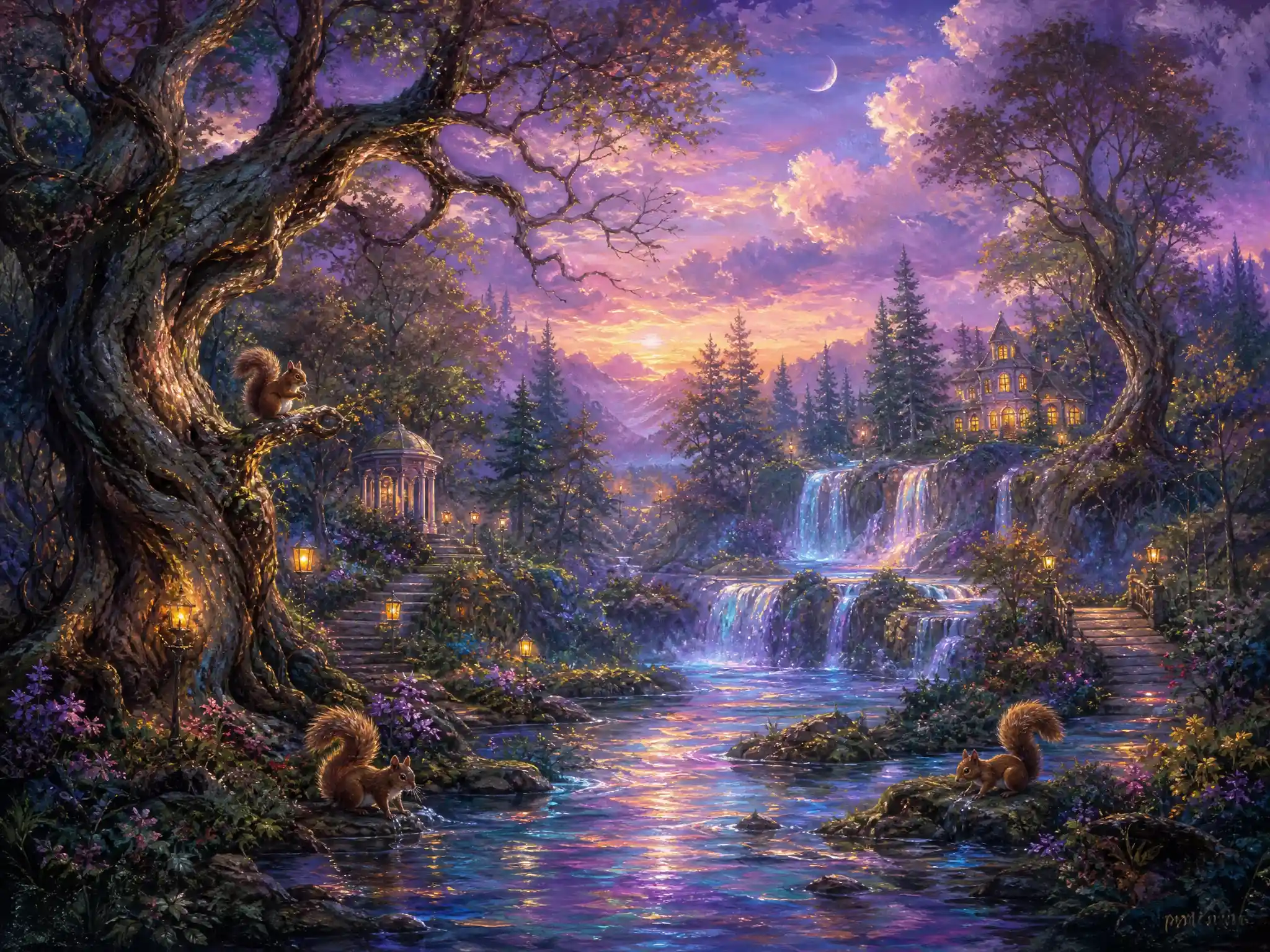 Serene mystical forest with waterfalls at dusk