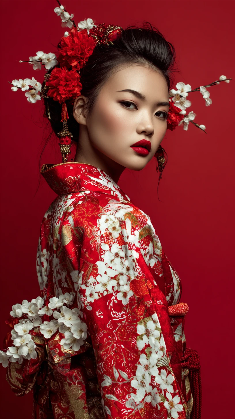 Young East Asian woman in red kimono portrait