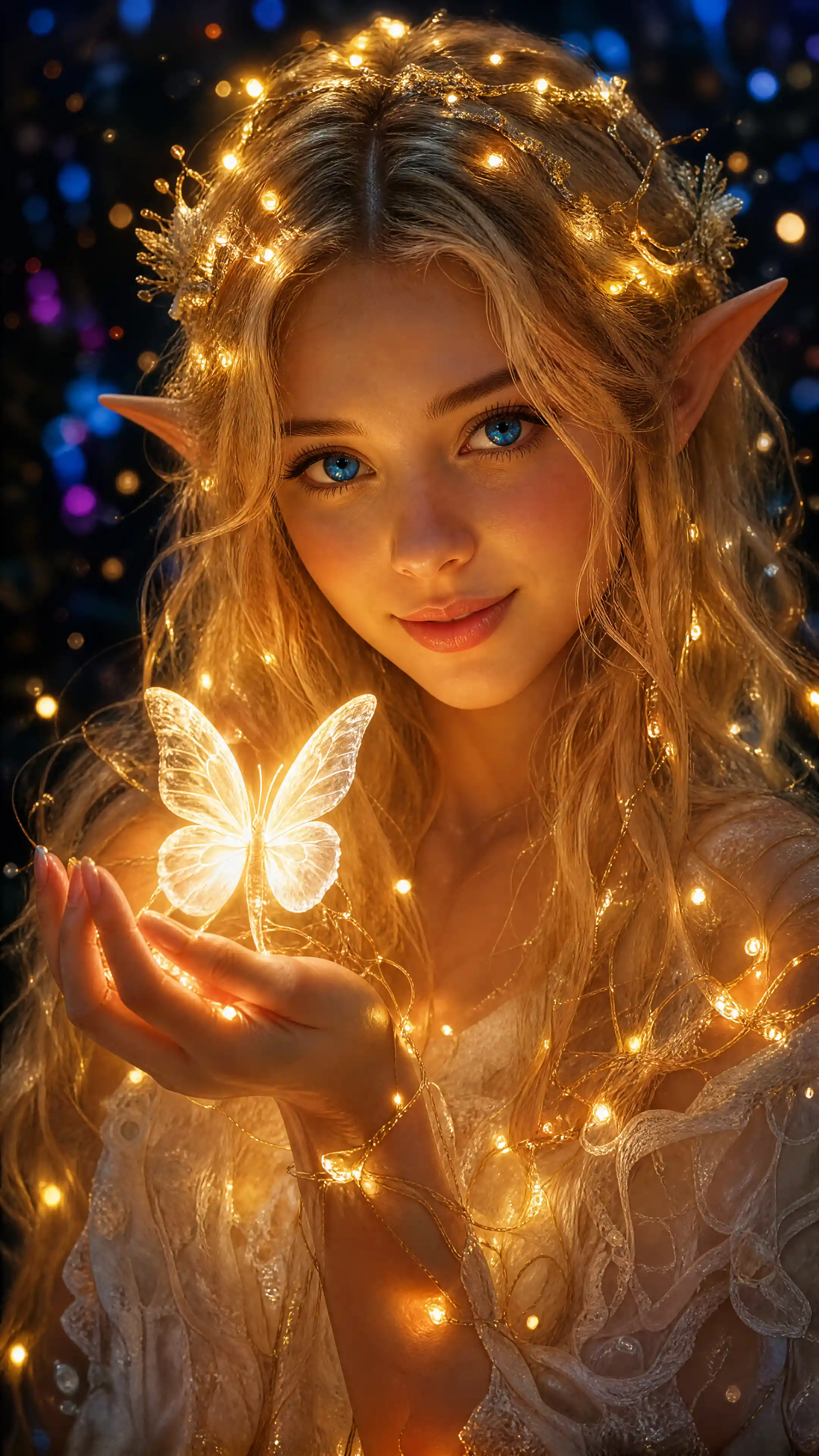Elf girl holding a glowing butterfly in a night forest