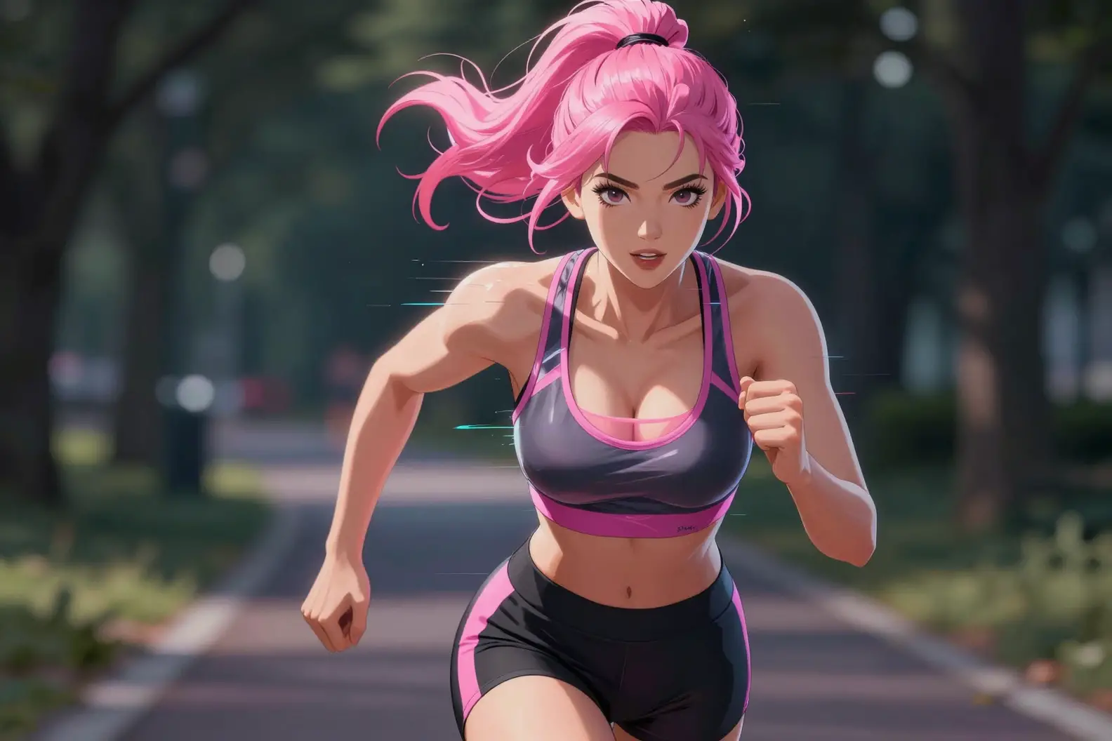 Anime runner with pink hair in sporty outfit at night