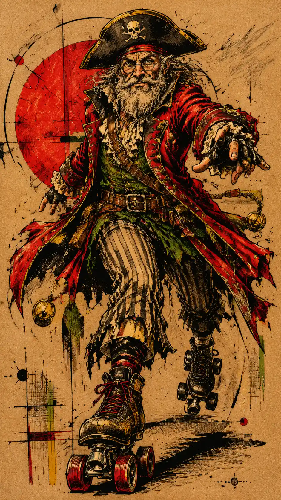 Dynamic pirate sketched on kraft paper in motion