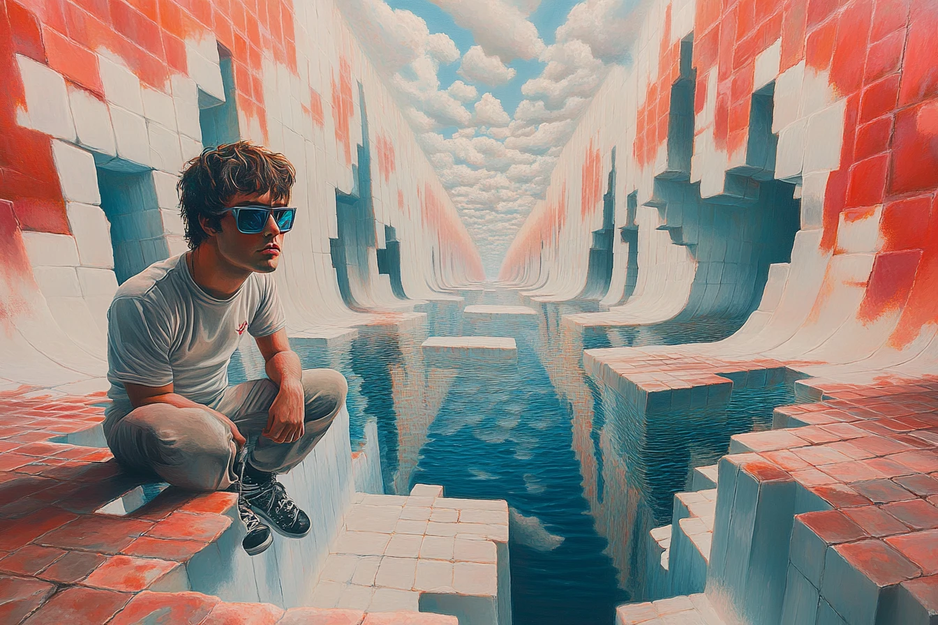 Escena surrealista de ilusión óptica con múltiples imágenes superpuestas