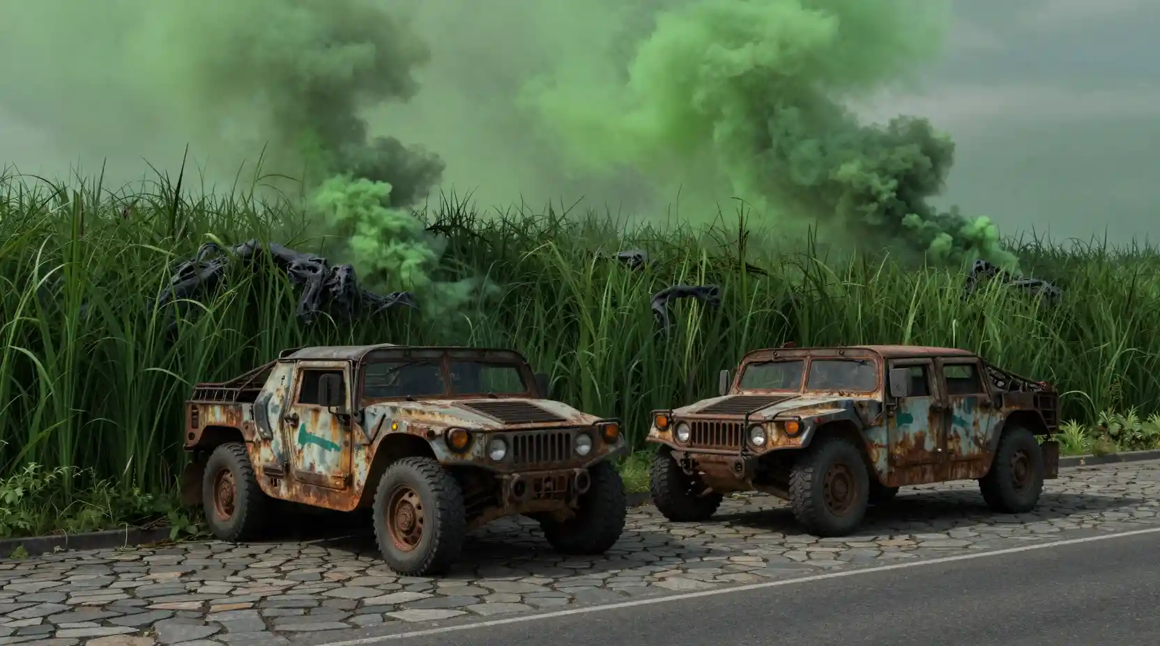 Rusty military trucks facing a towering wall of mutated grass