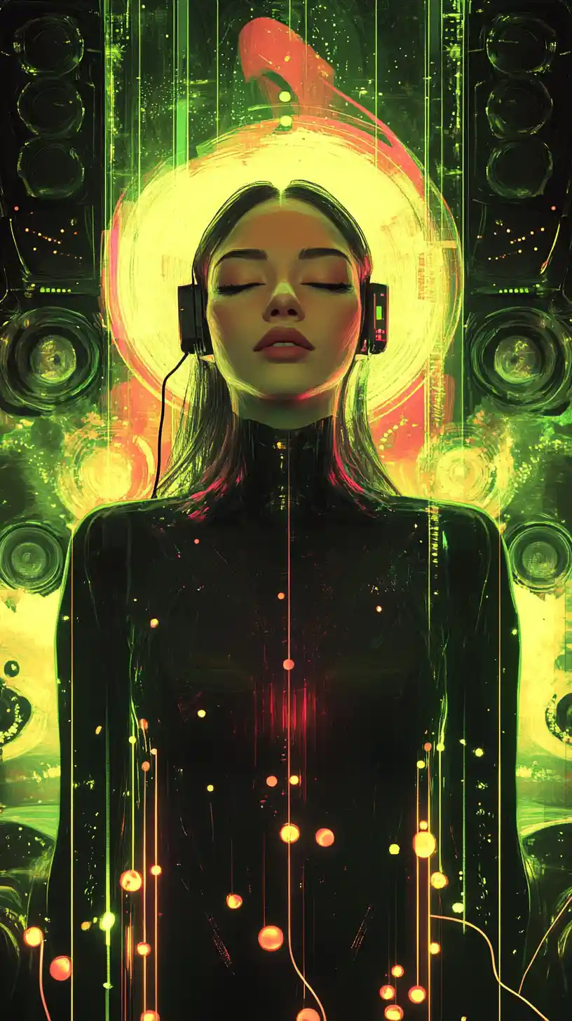 Pop diva gangster in neon abstract musical aura