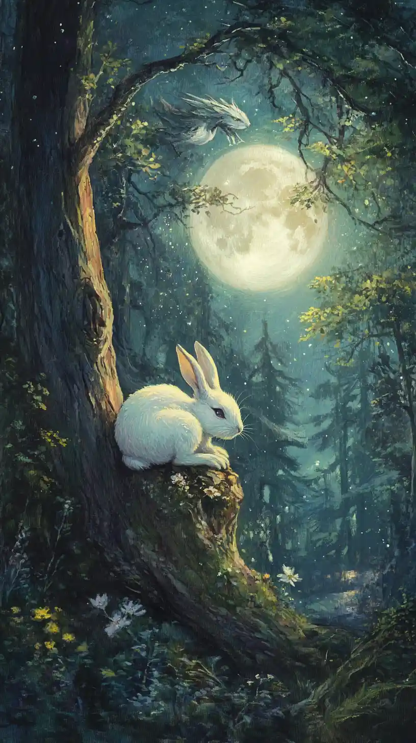 Rabbit Sleeping Under Gentle Moonlight In Quiet Forest
