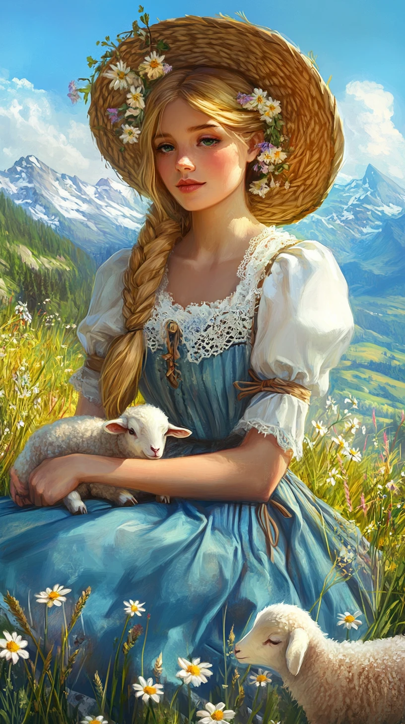 Giovane donna in dirndl con agnello in un prato alpino