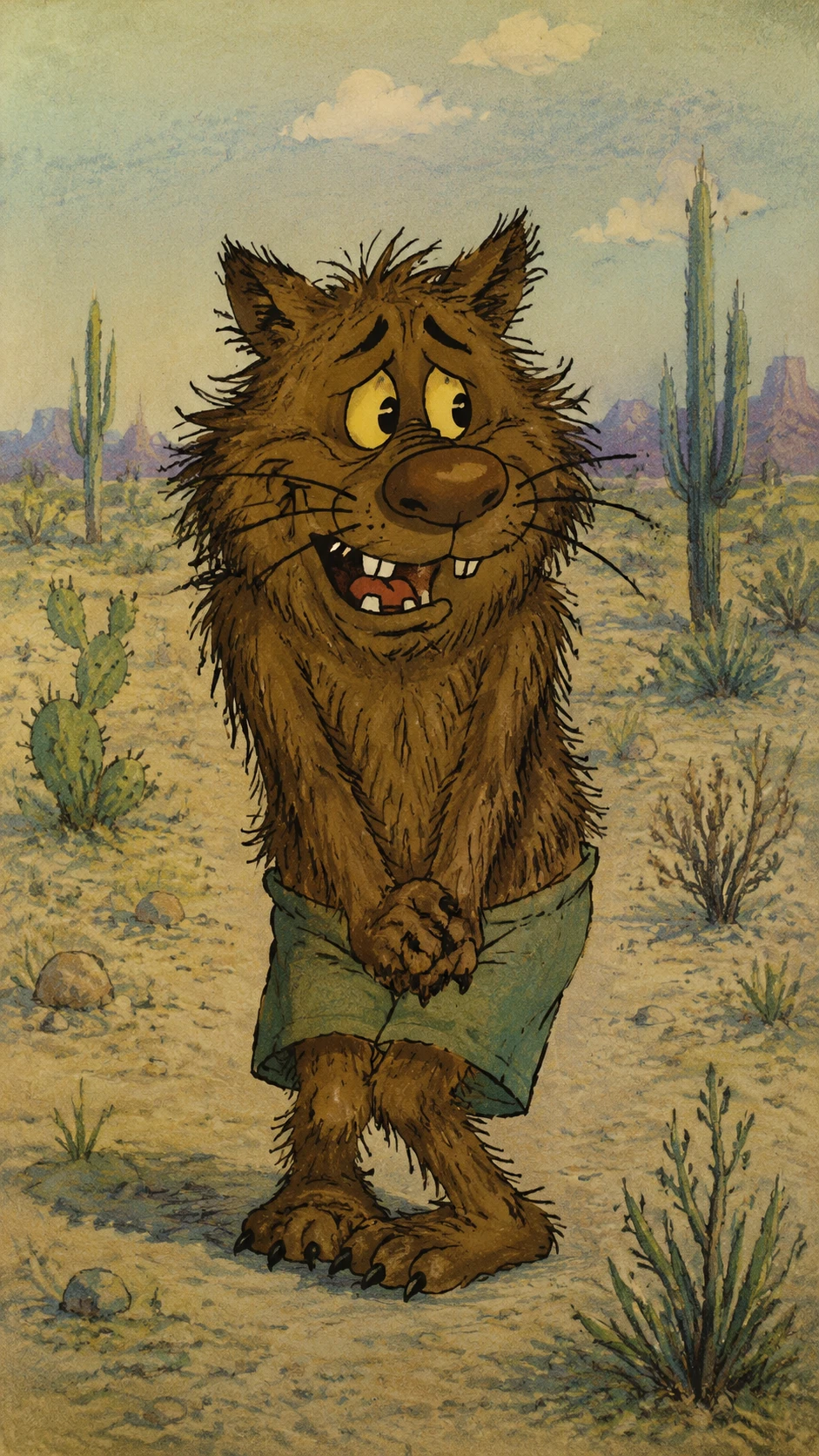 Anthropomorphic furry animal trembling in a desert scene