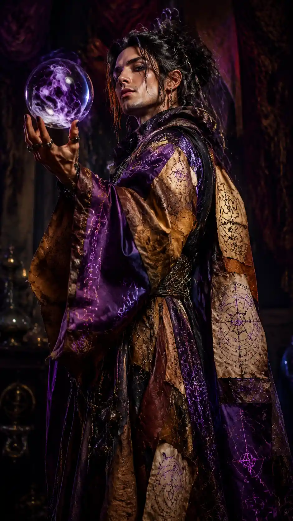 Bohemian sorceress in patchwork robe holding glowing glass orb