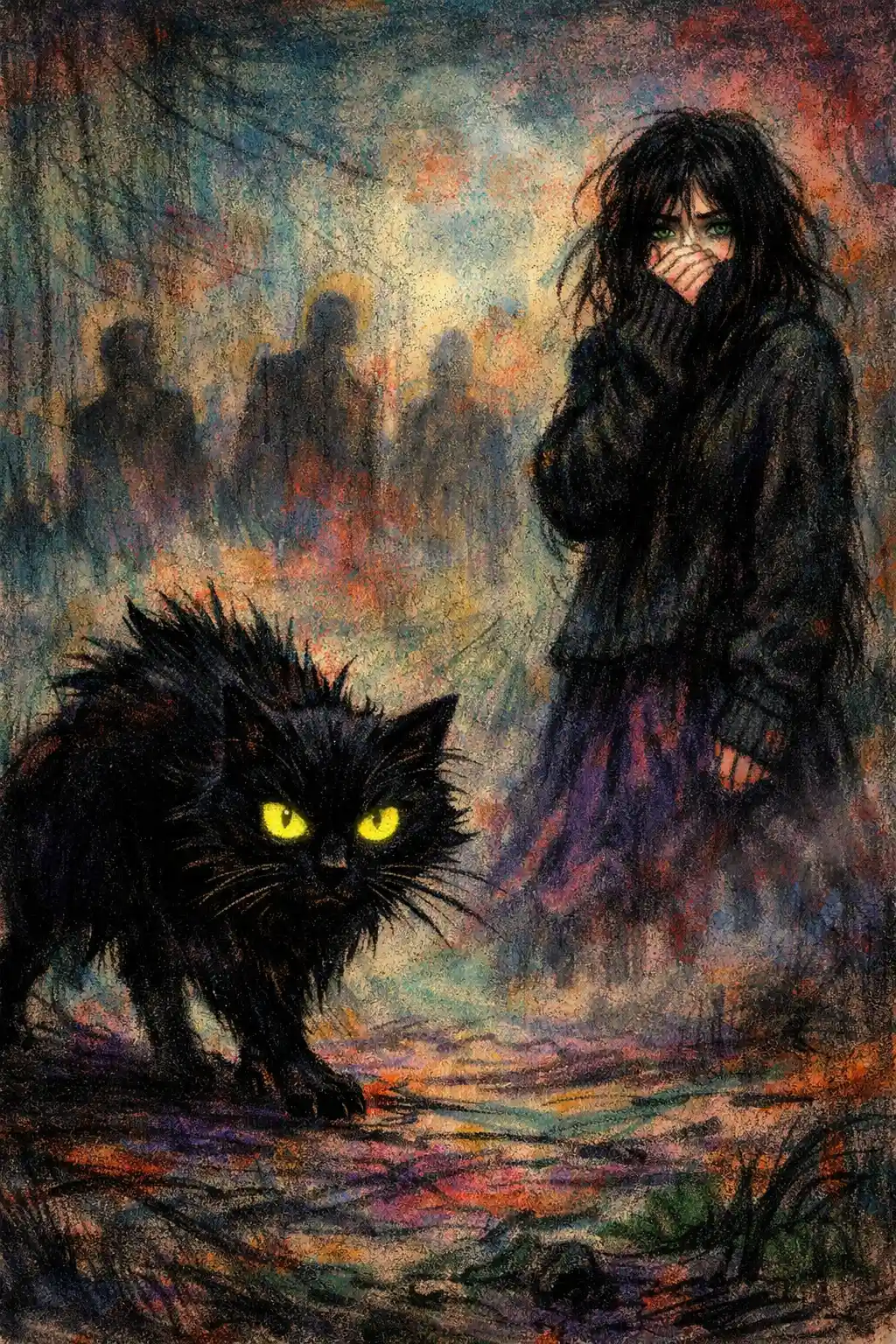Woman and black cat in eerie foggy drawing