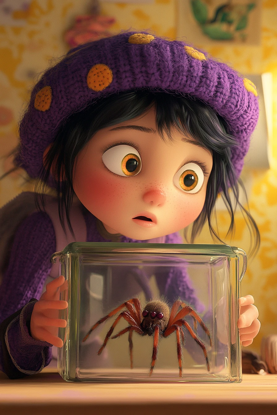 Niña mirando una tarántula en un recipiente de vidrio