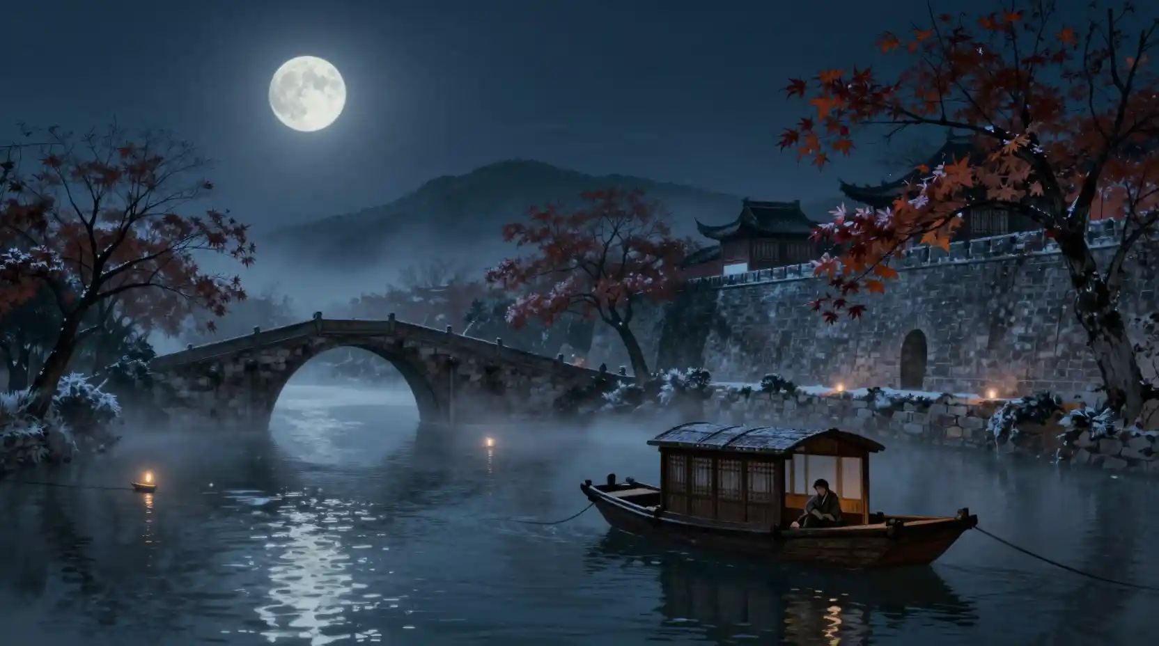 Lonely boat beneath a moonlit river bridge at night