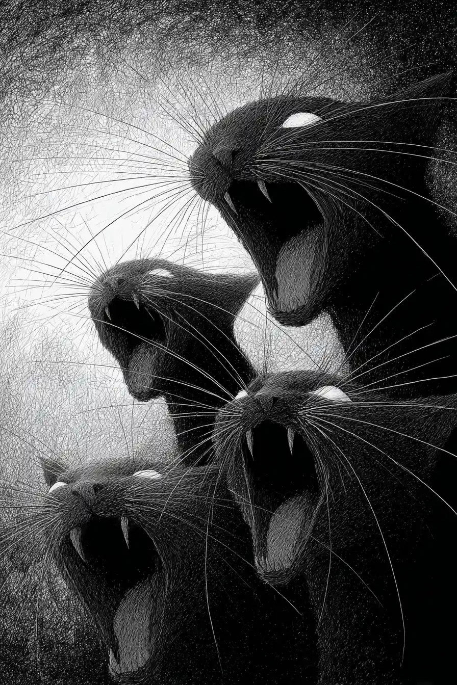 Creepy humanoid cats with gaping jaws in smoky monochrome