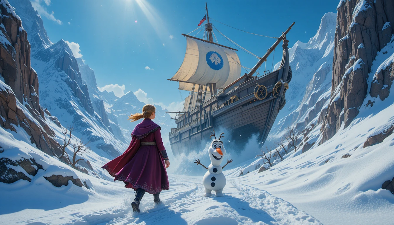 Brave young girl crossing a snowy fantasy mountain landscape