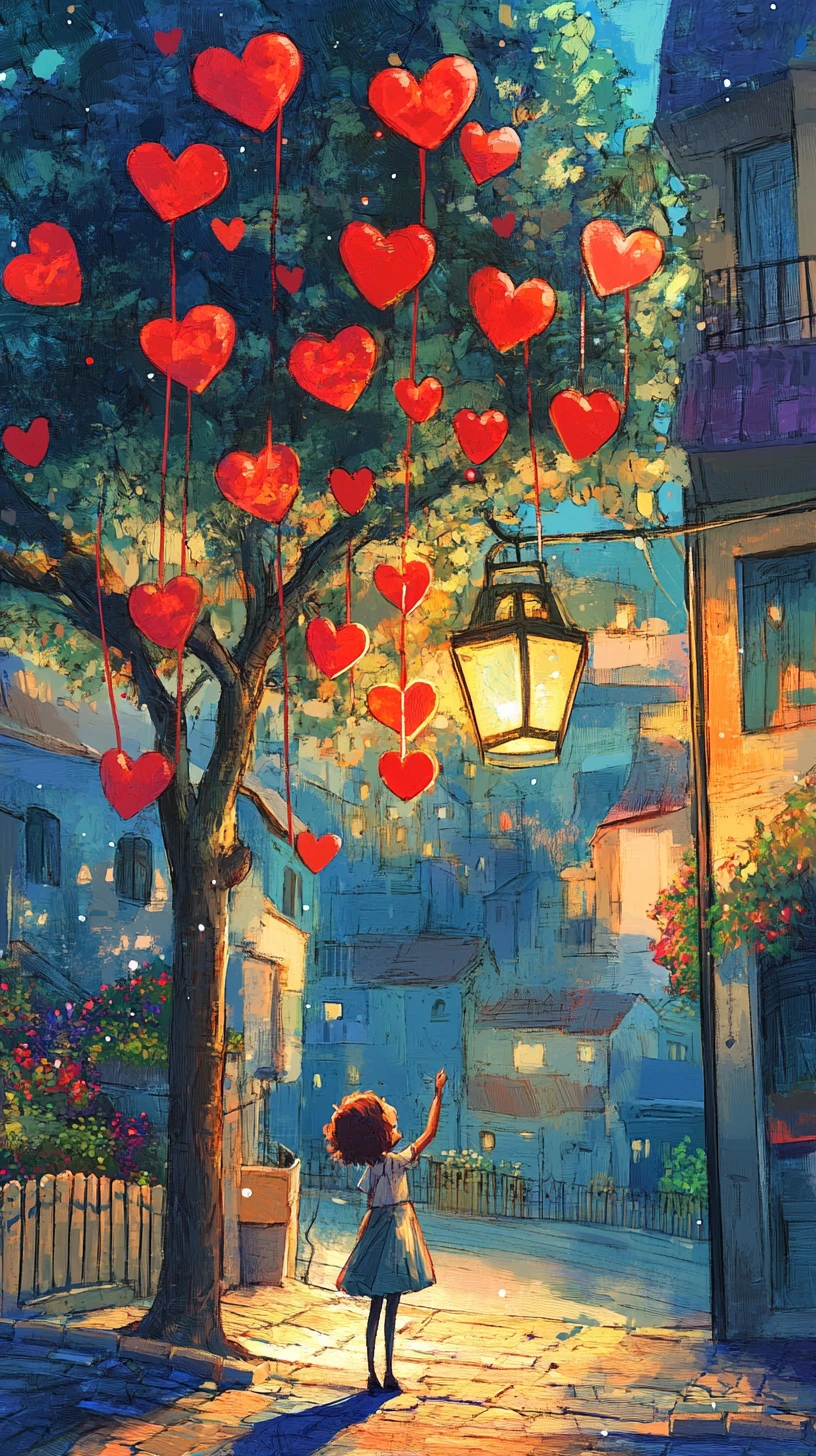 Chica alegre bajo corazones colgantes en una calle de la ciudad